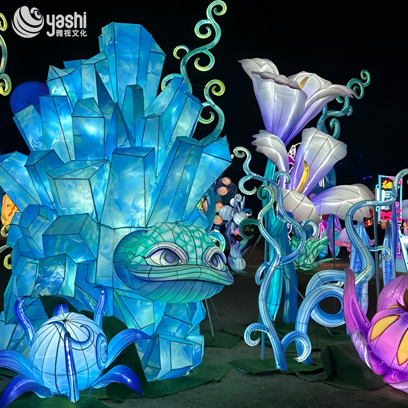 Custom Crystal Fantasy Creature Zigong Lantern Set, LED Magical Plant & Animal Light Sculpture for Night Theme Park