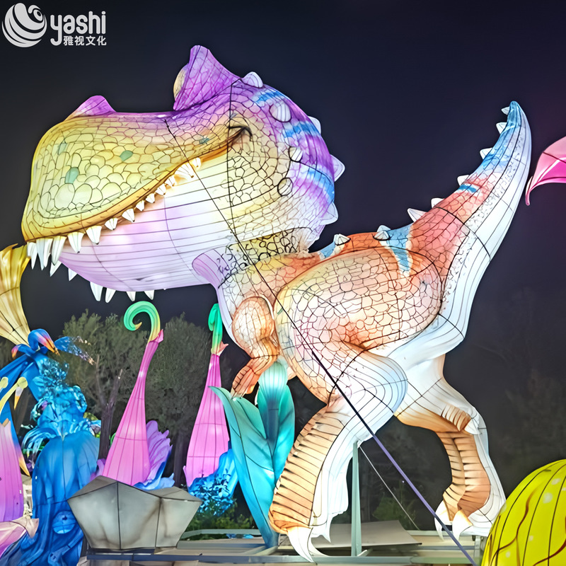 Realistic Tyrannosaurus Rex Dinosaur Model Sculpture with Waterproof Material and Outdoor LED Lantern