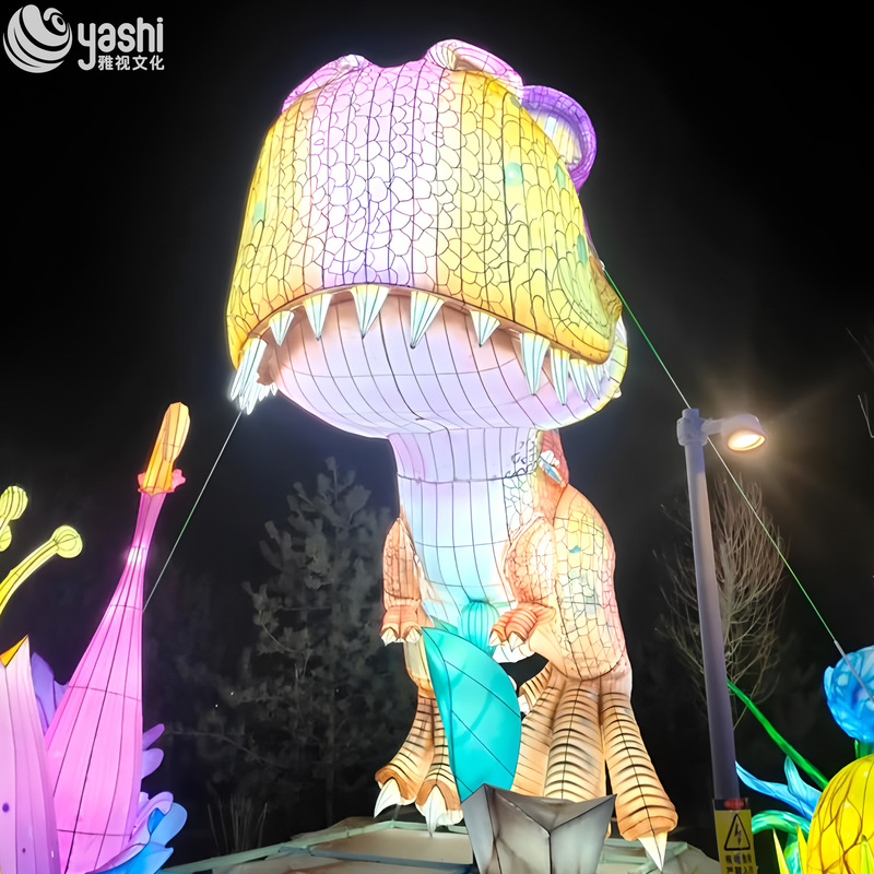 Realistic Tyrannosaurus Rex Dinosaur Model Sculpture with Waterproof Material and Outdoor LED Lantern