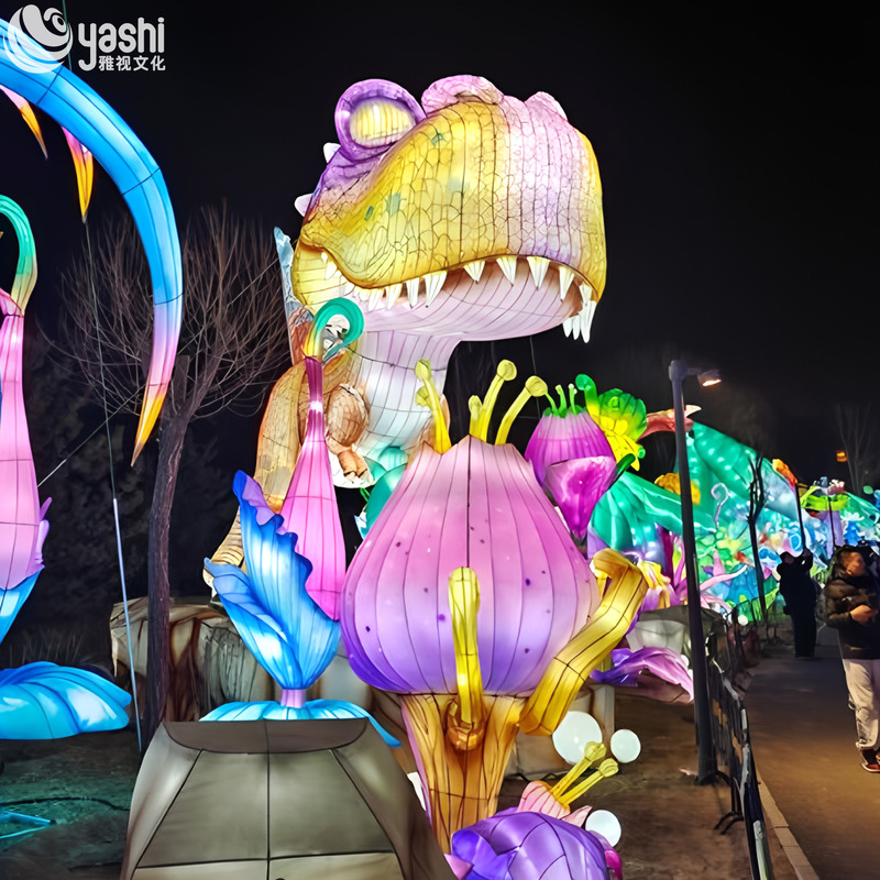 Realistic Tyrannosaurus Rex Dinosaur Model Sculpture with Waterproof Material and Outdoor LED Lantern