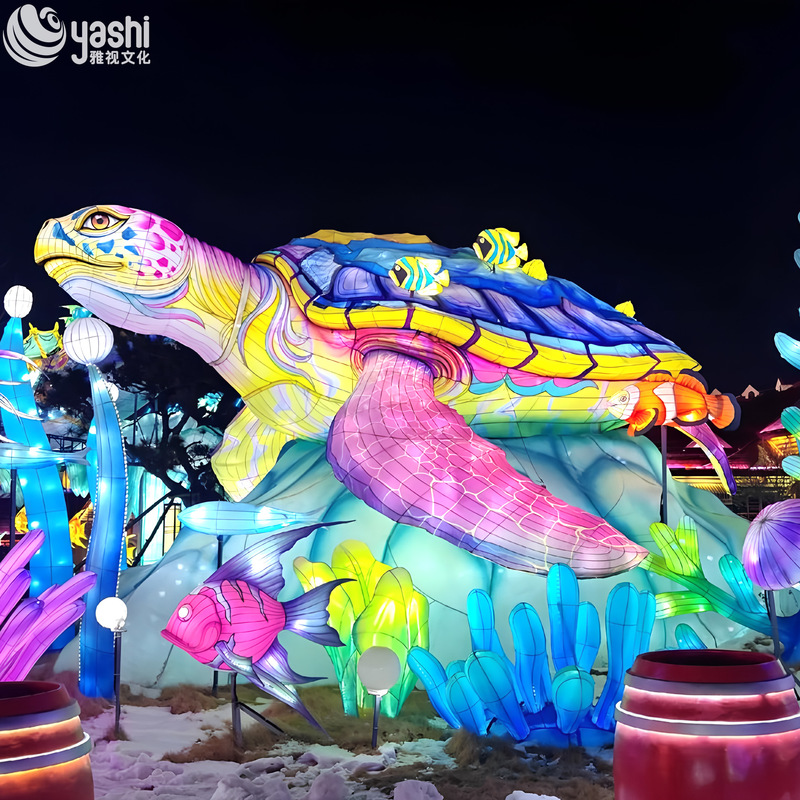 Custom Sea Turtle LED Lantern, Colorful Marine Animal Light Sculpture with Tropical Fish for Ocean‑Theme Park Lantern Show