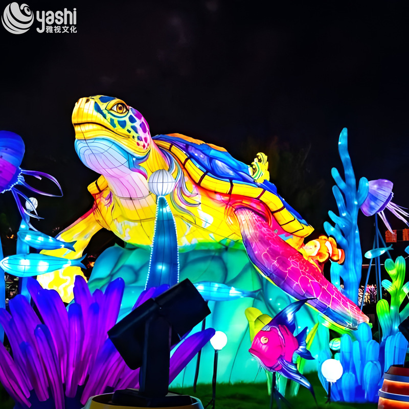 Custom Sea Turtle LED Lantern, Colorful Marine Animal Light Sculpture with Tropical Fish for Ocean‑Theme Park Lantern Show