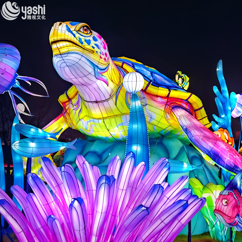 Custom Sea Turtle LED Lantern, Colorful Marine Animal Light Sculpture with Tropical Fish for Ocean‑Theme Park Lantern Show