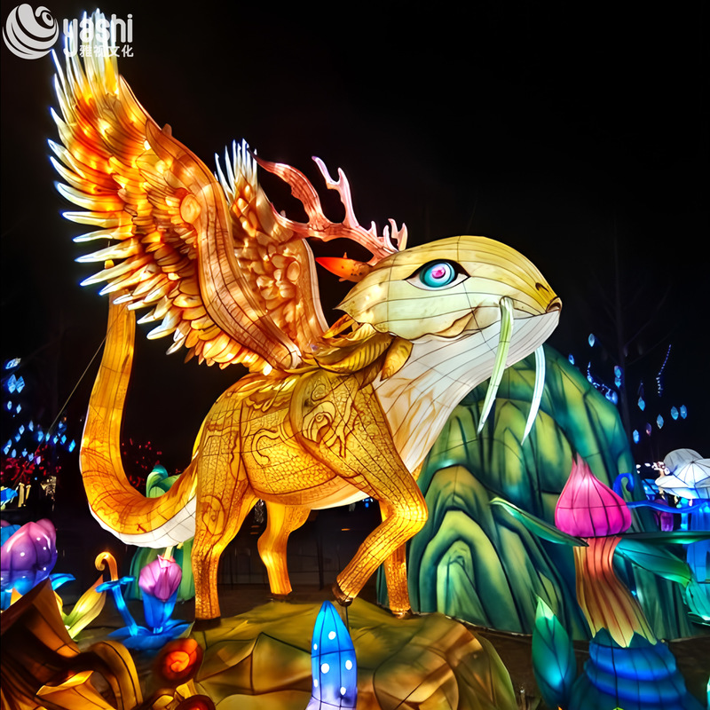 Custom Golden Winged Mythical Beast LED Lantern, Giant Fantasy Creature Light Sculpture for Theme Park Outdoor Festival Light Show
