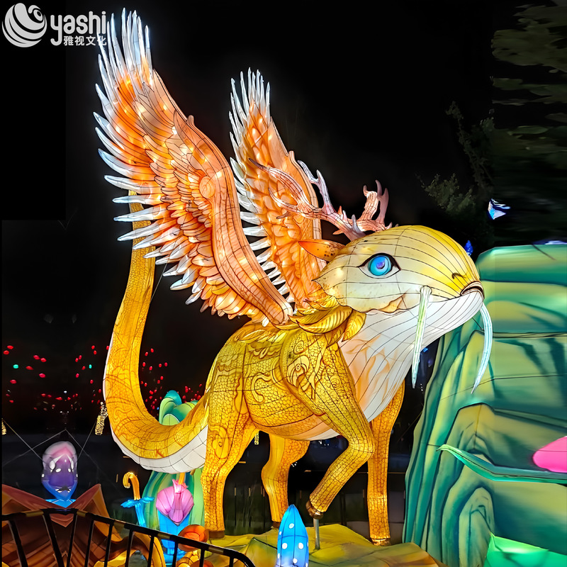 Custom Golden Winged Mythical Beast LED Lantern, Giant Fantasy Creature Light Sculpture for Theme Park Outdoor Festival Light Show