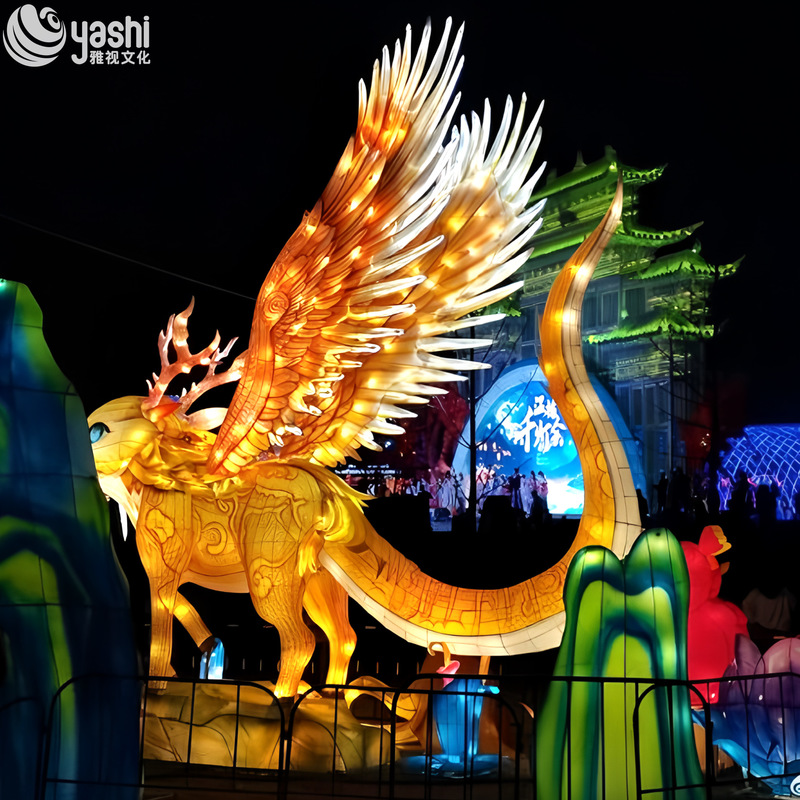 Custom Golden Winged Mythical Beast LED Lantern, Giant Fantasy Creature Light Sculpture for Theme Park Outdoor Festival Light Show