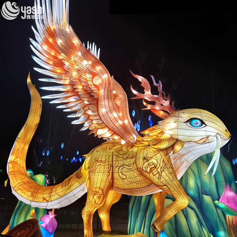 Custom Golden Winged Mythical Beast LED Lantern, Giant Fantasy Creature Light Sculpture for Theme Park Outdoor Festival Light Show