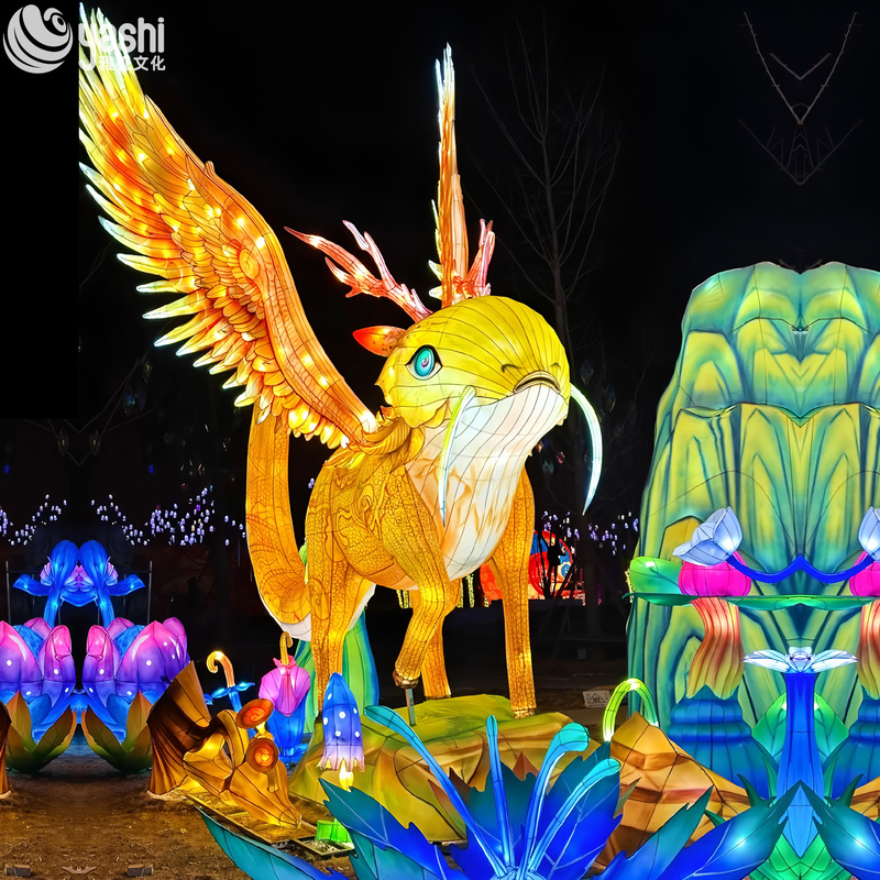 Custom Golden Winged Mythical Beast LED Lantern, Giant Fantasy Creature Light Sculpture for Theme Park Outdoor Festival Light Show