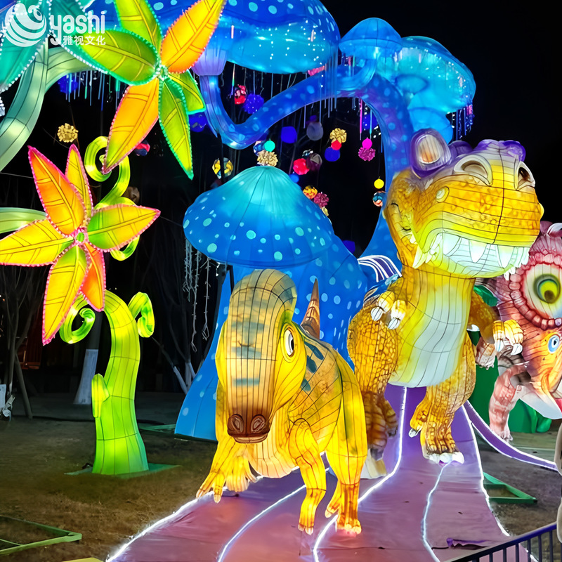 Custom Cartoon T‑Rex Dinosaur Zigong Lantern, Giant LED Dinosaur Light Sculpture for Dino‑Theme Night Festival & Amusement Park
