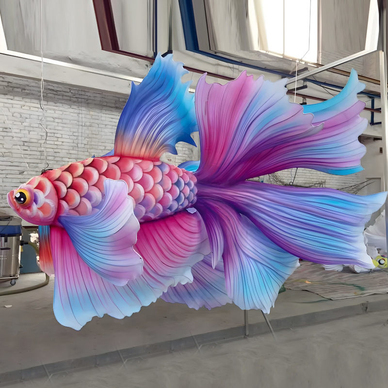 Custom Betta Fish Lantern, Colorful Gradient Siamese Fighting Fish LED Light Sculpture for Aquatic Theme Park Light Show