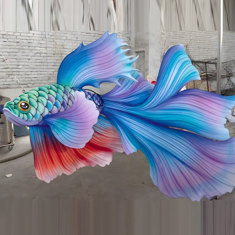 Custom Betta Fish Lantern, Colorful Gradient Siamese Fighting Fish LED Light Sculpture for Aquatic Theme Park Light Show