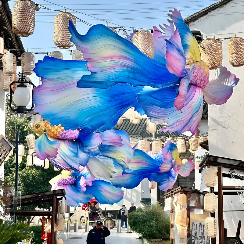 Custom Betta Fish Lantern, Colorful Gradient Siamese Fighting Fish LED Light Sculpture for Aquatic Theme Park Light Show