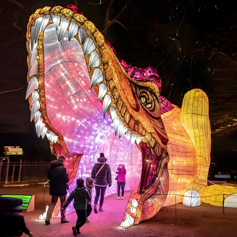 Custom Dinosaur Mouth Walk‑Through Tunnel Zigong Lantern, Giant LED Dinosaur Arch Light Sculpture for Dino Theme Park & Festival Light Show