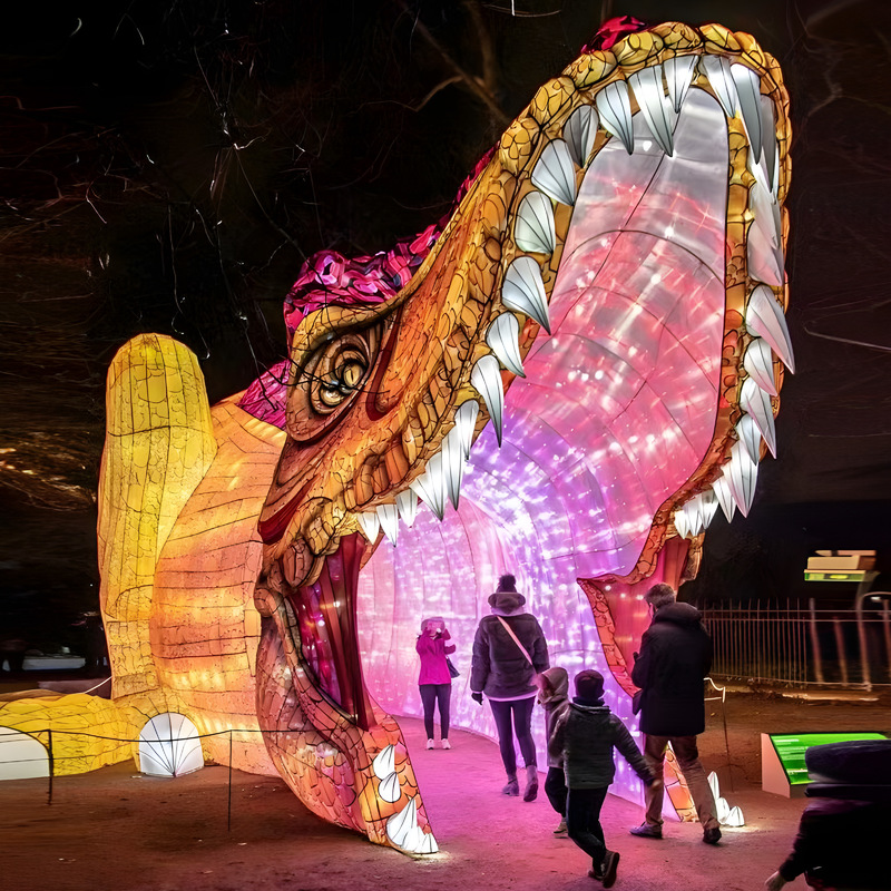 Custom Dinosaur Mouth Walk‑Through Tunnel Zigong Lantern, Giant LED Dinosaur Arch Light Sculpture for Dino Theme Park & Festival Light Show