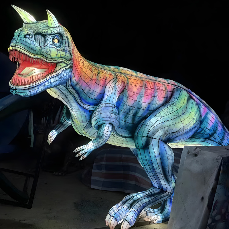 Custom Horned Dinosaur Zigong Lantern, Large Colorful LED Dinosaur Light Sculpture for Jurassic Theme Park & Festival Light Show