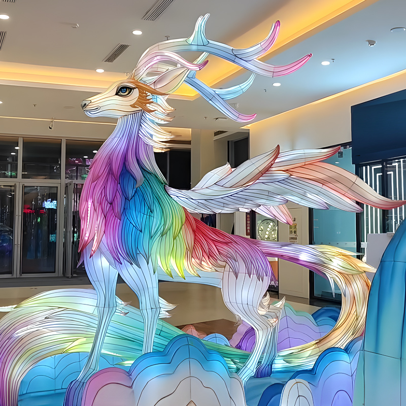 Custom Rainbow Winged Mythical Deer Zigong Lantern, Fantasy Divine Elk LED Light Sculpture for Mall & Event Decor