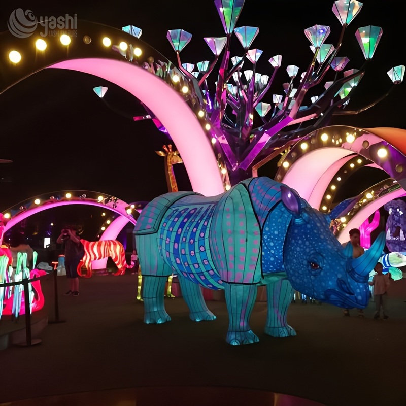 Custom Colorful Rhinoceros Zigong Lantern, Safari Wild Animal LED Light Sculpture, Waterproof Outdoor Festival Zoo Light Installation