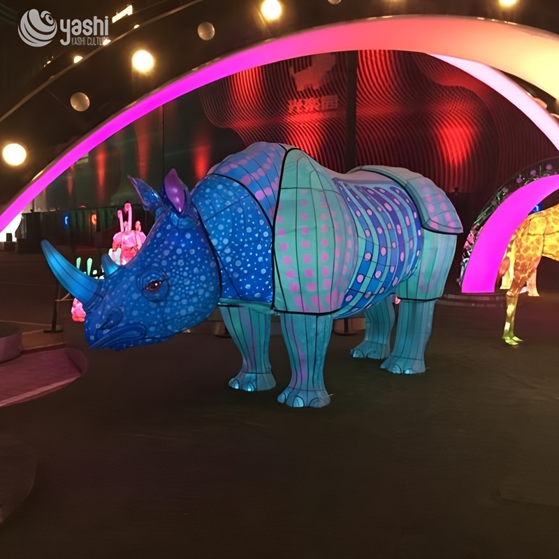 Custom Colorful Rhinoceros Zigong Lantern, Safari Wild Animal LED Light Sculpture, Waterproof Outdoor Festival Zoo Light Installation