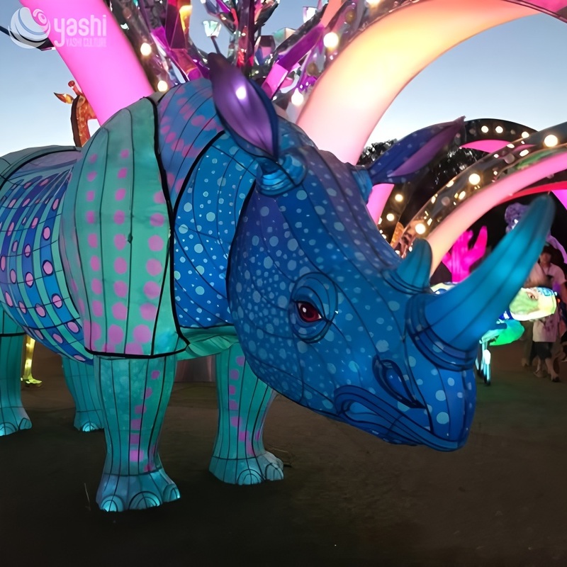 Custom Colorful Rhinoceros Zigong Lantern, Safari Wild Animal LED Light Sculpture, Waterproof Outdoor Festival Zoo Light Installation