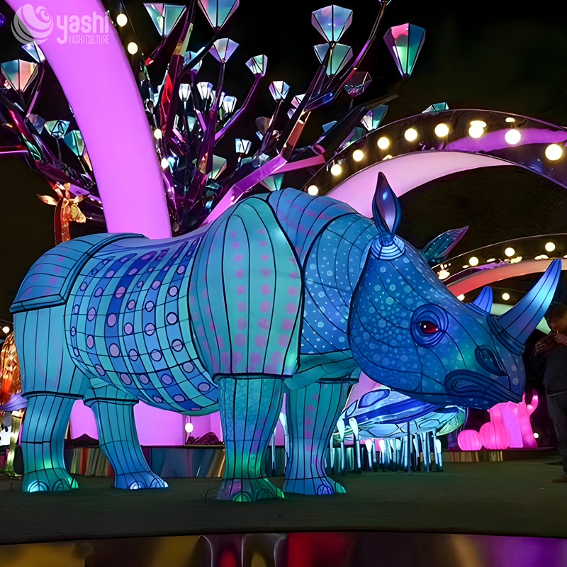 Custom Colorful Rhinoceros Zigong Lantern, Safari Wild Animal LED Light Sculpture, Waterproof Outdoor Festival Zoo Light Installation