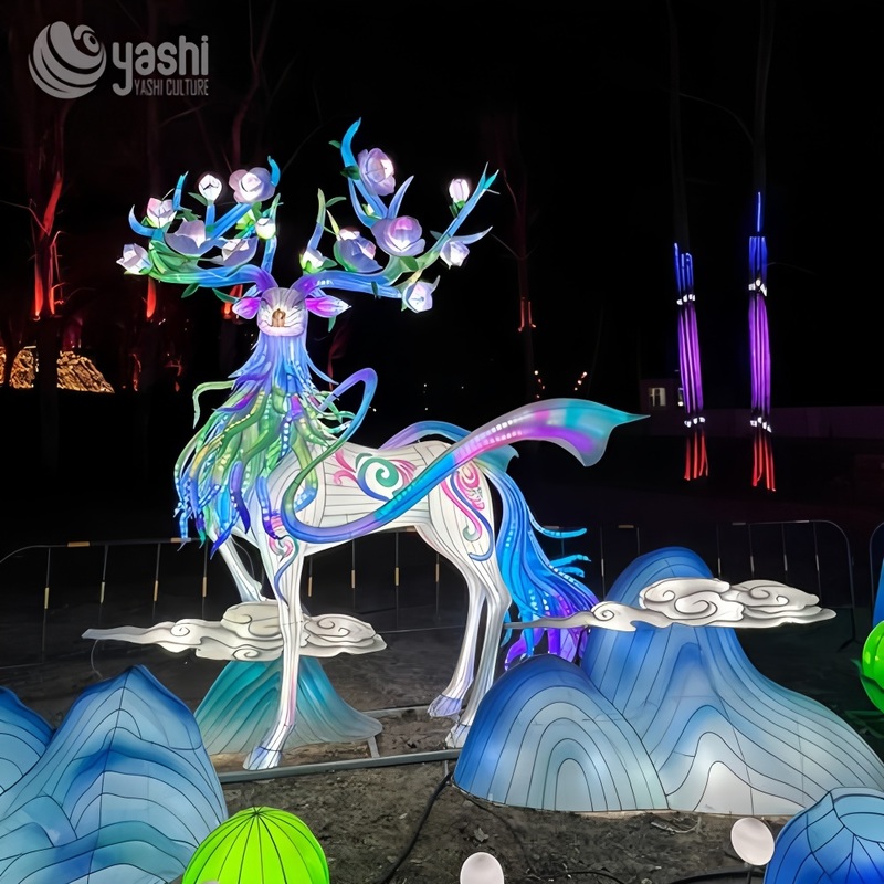 Custom Traditional Pattern Divine Deer Zigong Lantern, Mythical Spirit Elk LED Light Sculpture for Outdoor Festival Display
