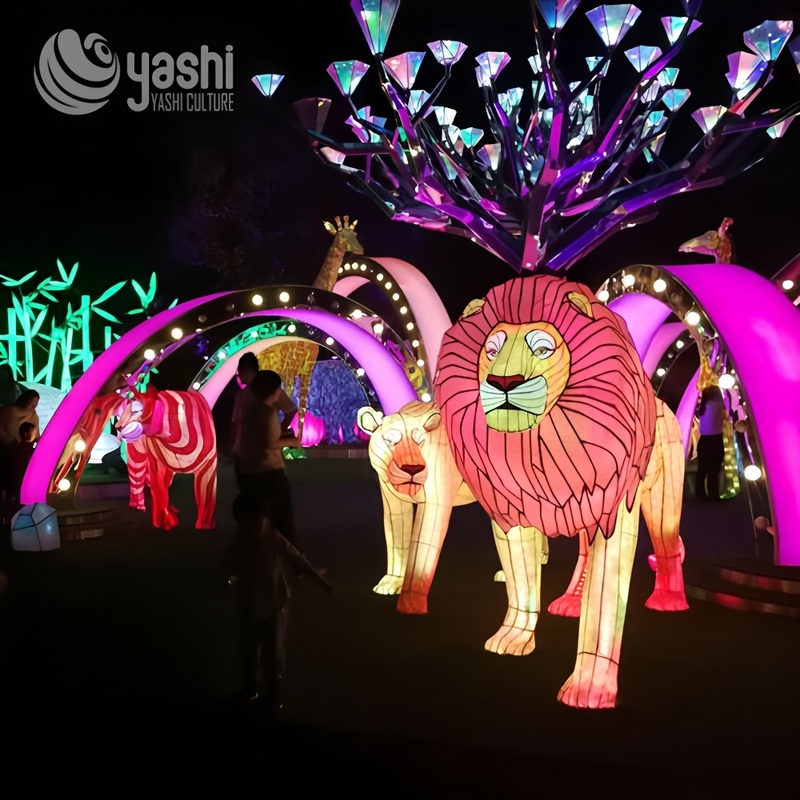 Custom Colorful Safari Lion Family Zigong Lantern Set, Wild Animal LED Light Sculpture, Waterproof Outdoor Festival Light Installation