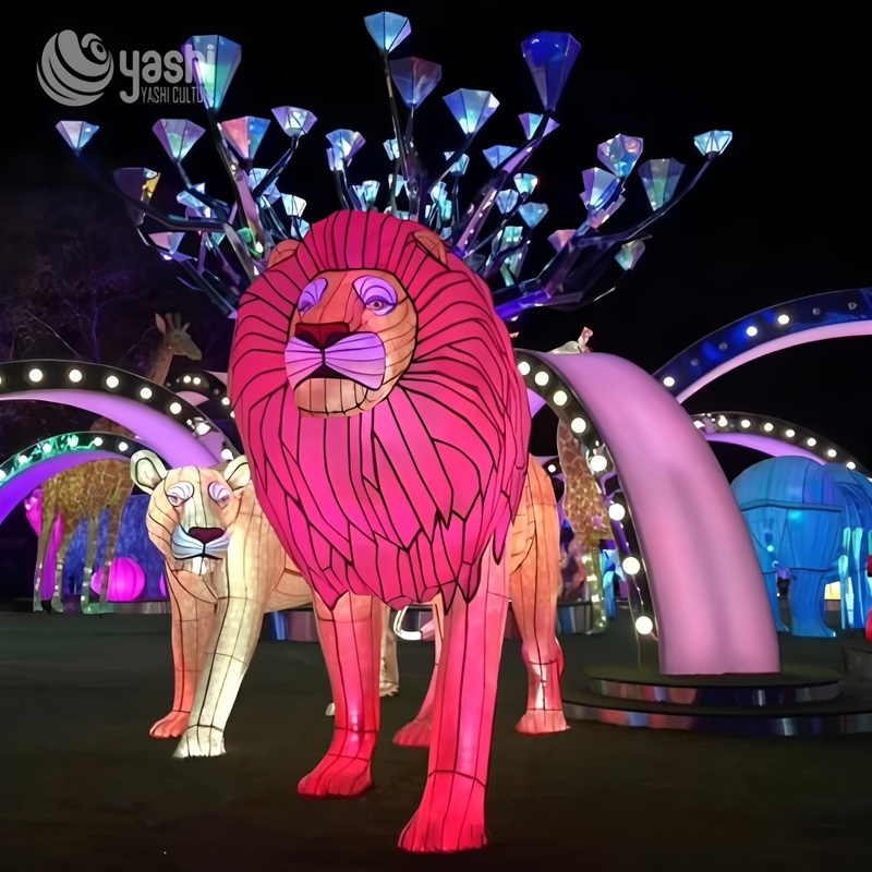 Custom Colorful Safari Lion Family Zigong Lantern Set, Wild Animal LED Light Sculpture, Waterproof Outdoor Festival Light Installation