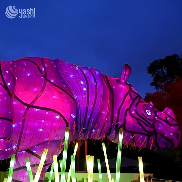 Custom Pink Rhinoceros LED Light Sculpture, Large Safari Animal Zigong Lantern for Outdoor Festival & Zoo Light Show