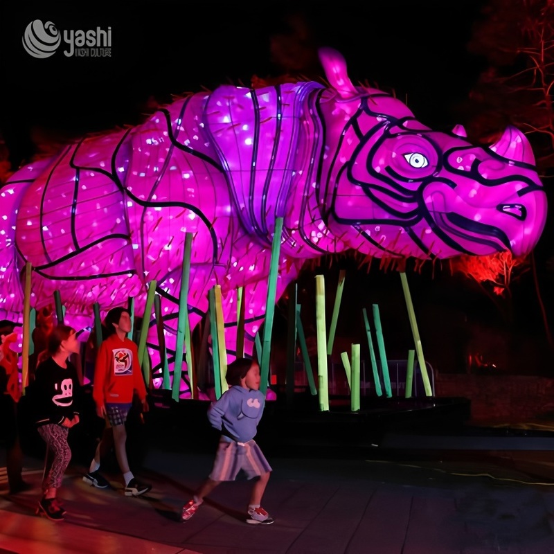 Custom Pink Rhinoceros LED Light Sculpture, Large Safari Animal Zigong Lantern for Outdoor Festival & Zoo Light Show
