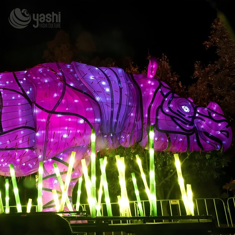 Custom Pink Rhinoceros LED Light Sculpture, Large Safari Animal Zigong Lantern for Outdoor Festival & Zoo Light Show