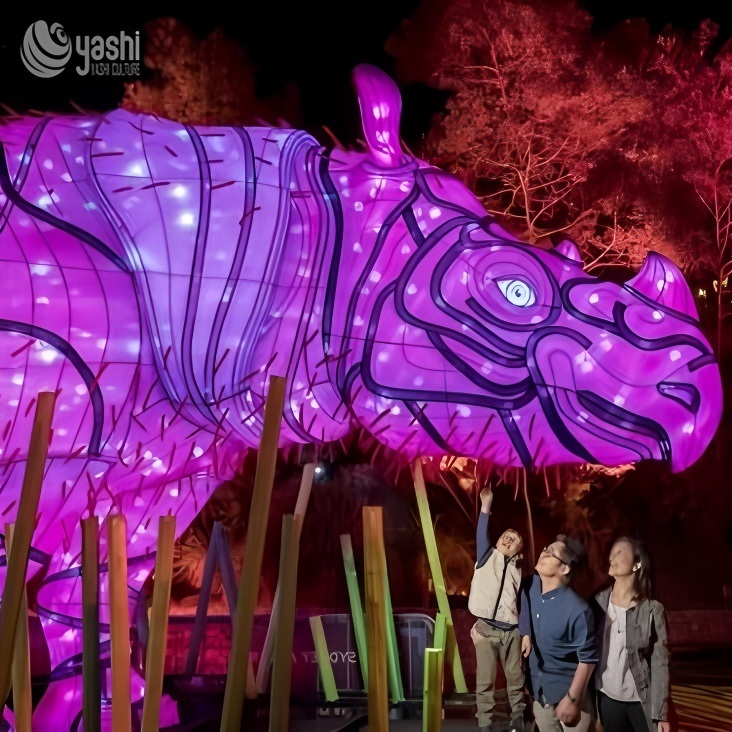 Custom Pink Rhinoceros LED Light Sculpture, Large Safari Animal Zigong Lantern for Outdoor Festival & Zoo Light Show