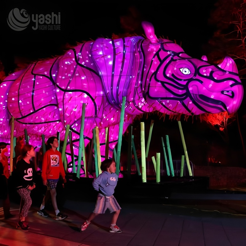 Custom Pink Rhinoceros LED Light Sculpture, Large Safari Animal Zigong Lantern for Outdoor Festival & Zoo Light Show