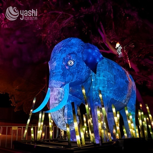 Custom Blue Mammoth Elephant Zigong Lantern, Wild Animal LED Light Sculpture, Waterproof Outdoor Zoo Festival Light Installation
