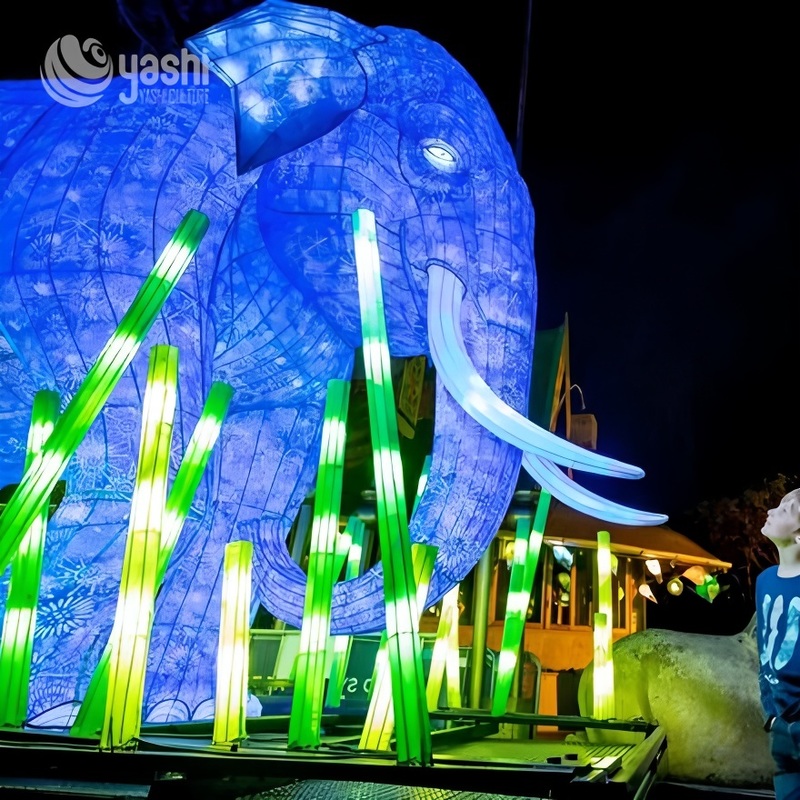 Custom Blue Mammoth Elephant Zigong Lantern, Wild Animal LED Light Sculpture, Waterproof Outdoor Zoo Festival Light Installation