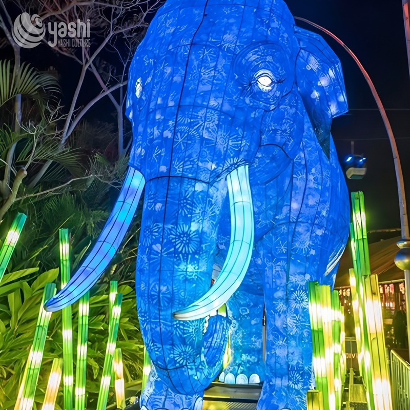 Custom Blue Mammoth Elephant Zigong Lantern, Wild Animal LED Light Sculpture, Waterproof Outdoor Zoo Festival Light Installation