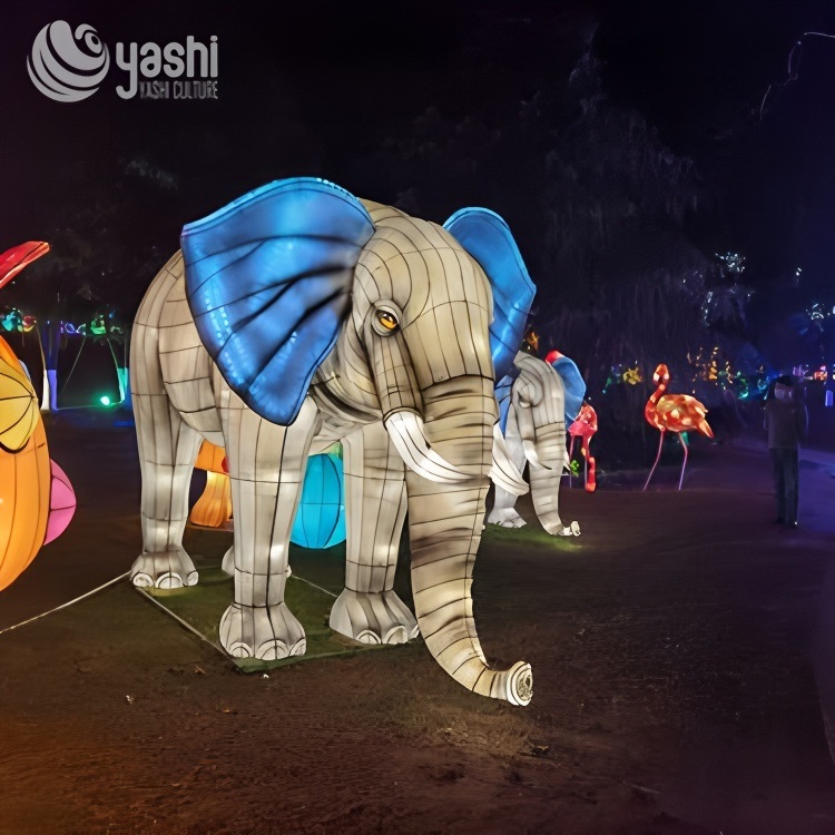 Custom African Elephant LED Lantern Set, Realistic Wild Animal Light Sculpture for Safari Theme Park Night Exhibition