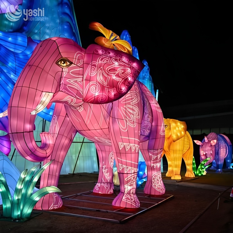 Custom African Elephant LED Lantern Set, Realistic Wild Animal Light Sculpture for Safari Theme Park Night Exhibition