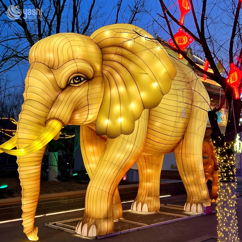 Custom Large Golden Elephant LED Lantern, Realistic Wild Animal Light Sculpture for Park Zoo Festival Display