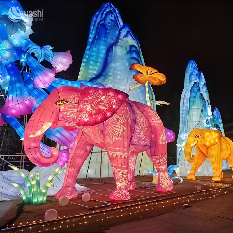 Custom Large Golden Elephant LED Lantern, Realistic Wild Animal Light Sculpture for Park Zoo Festival Display