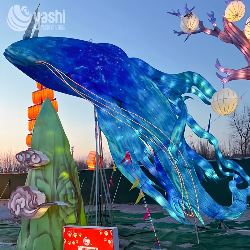 Custom Giant Blue Whale Zigong Lantern, Large LED Marine Animal Light Sculpture for Ocean‑Theme Night Show