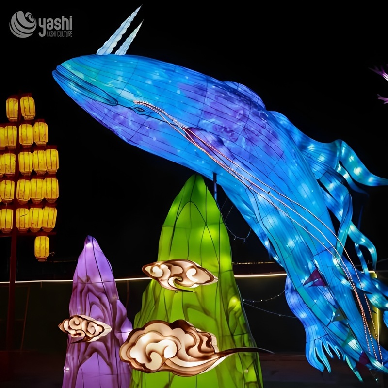 Custom Giant Blue Whale Zigong Lantern, Large LED Marine Animal Light Sculpture for Ocean‑Theme Night Show