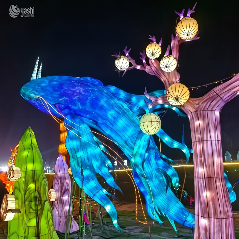 Custom Giant Blue Whale Zigong Lantern, Large LED Marine Animal Light Sculpture for Ocean‑Theme Night Show