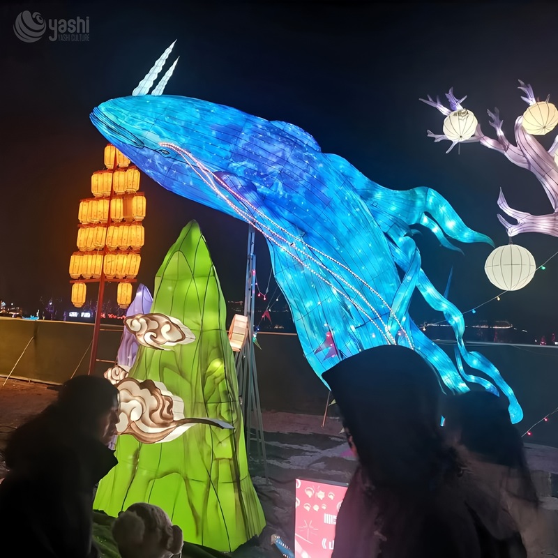 Custom Giant Blue Whale Zigong Lantern, Large LED Marine Animal Light Sculpture for Ocean‑Theme Night Show