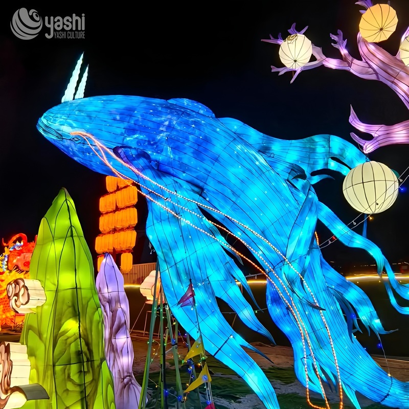 Custom Giant Blue Whale Zigong Lantern, Large LED Marine Animal Light Sculpture for Ocean‑Theme Night Show