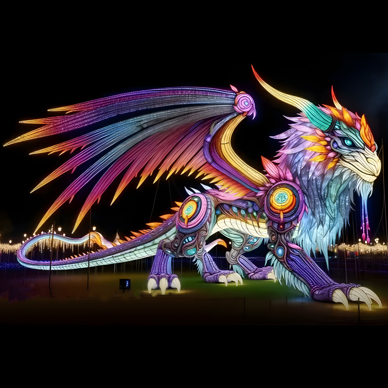 Custom Mechanical Style Chinese Qilin Mythical Creature Zigong Lantern, Colorful Fantasy Beast LED Light Sculpture, Waterproof Outdoor Theme Park Festival Light Installation