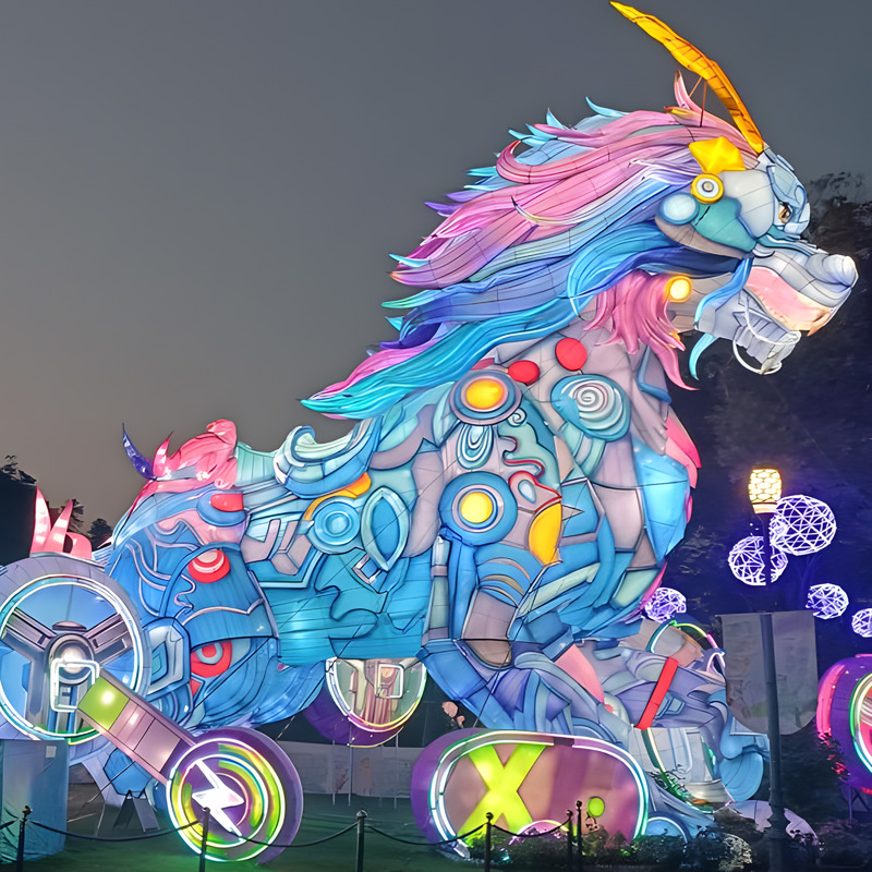 Custom Mechanical Style Chinese Qilin Mythical Creature Zigong Lantern, Colorful Fantasy Beast LED Light Sculpture, Waterproof Outdoor Theme Park Festival Light Installation