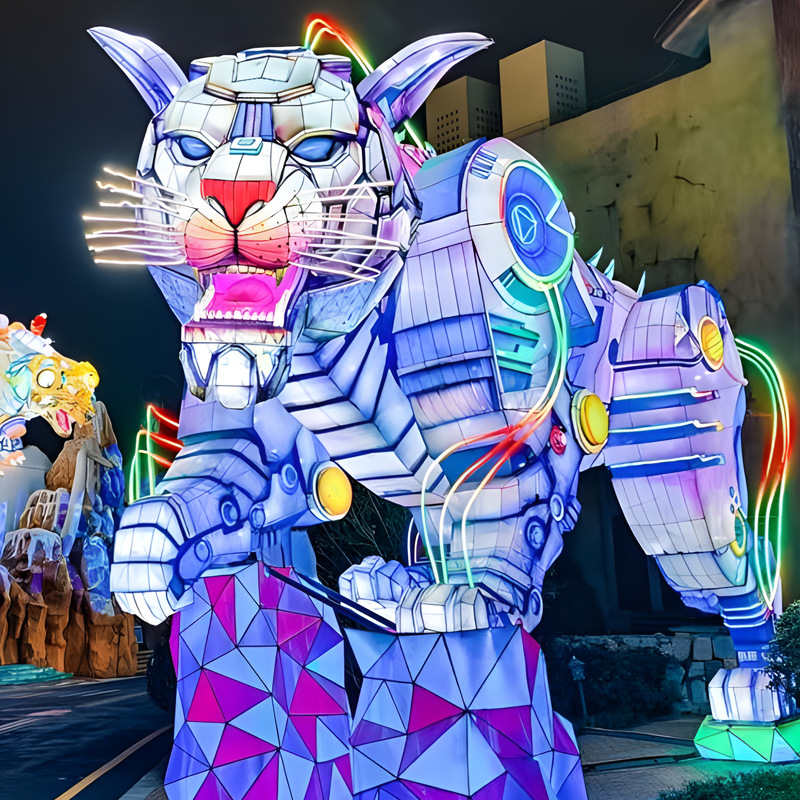 Custom Mechanical Style Chinese Qilin Mythical Creature Zigong Lantern, Colorful Fantasy Beast LED Light Sculpture, Waterproof Outdoor Theme Park Festival Light Installation