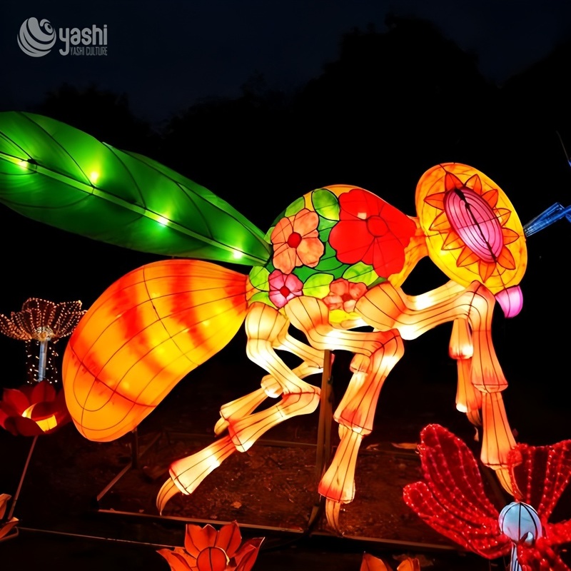 Custom Giant Bee Insect Lantern | Colorful LED Bee & Flower Light Sculpture for Garden Theme Outdoor Light Exhibition