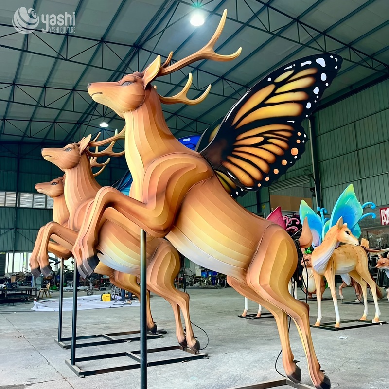 Custom Fantasy Winged Deer Zigong Lantern Set, Reindeer with Butterfly Wings LED Light Sculpture, Waterproof Outdoor Park Festival Light Installation