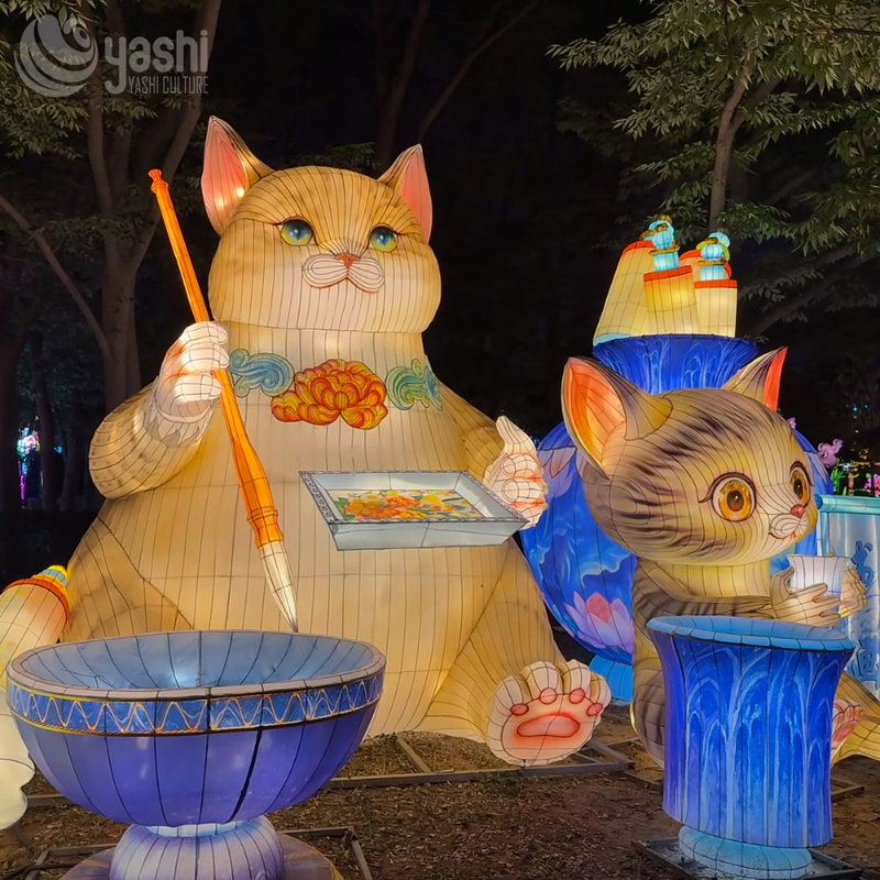 Custom Cartoon Cat Character Zigong Lantern Set, LED Animal Light Sculpture for Outdoor Park Night Festival